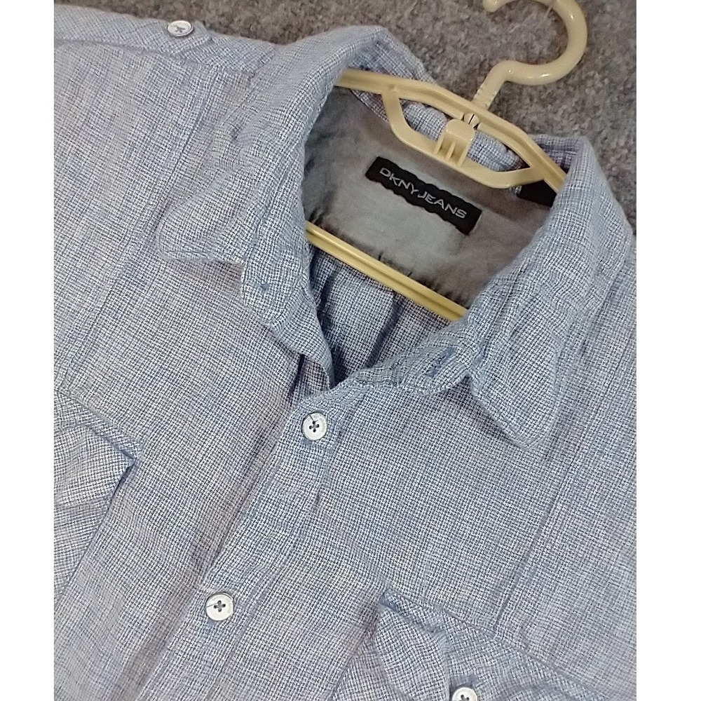DKNY Jeans Linen Blend Shirt Mens Large Blue Short Sleeve Textured Chambray